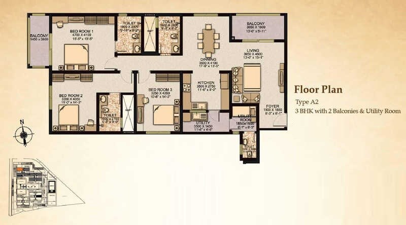 Floor plan of 3 BHK 1698 Sq. Ft. Apartment in Sobha City, Bangalore