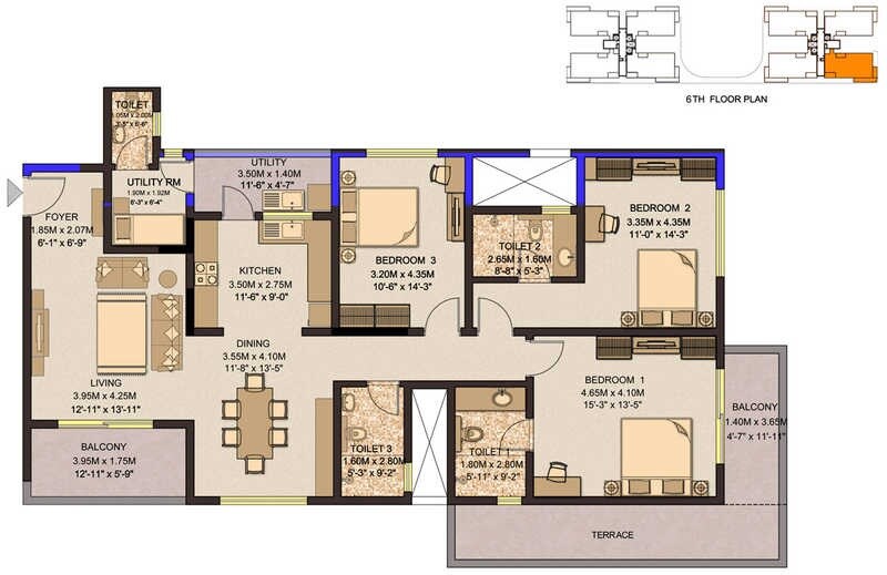 Floor plan of 3 BHK 2342 Sq. Ft. Apartment in Sobha City, Bangalore