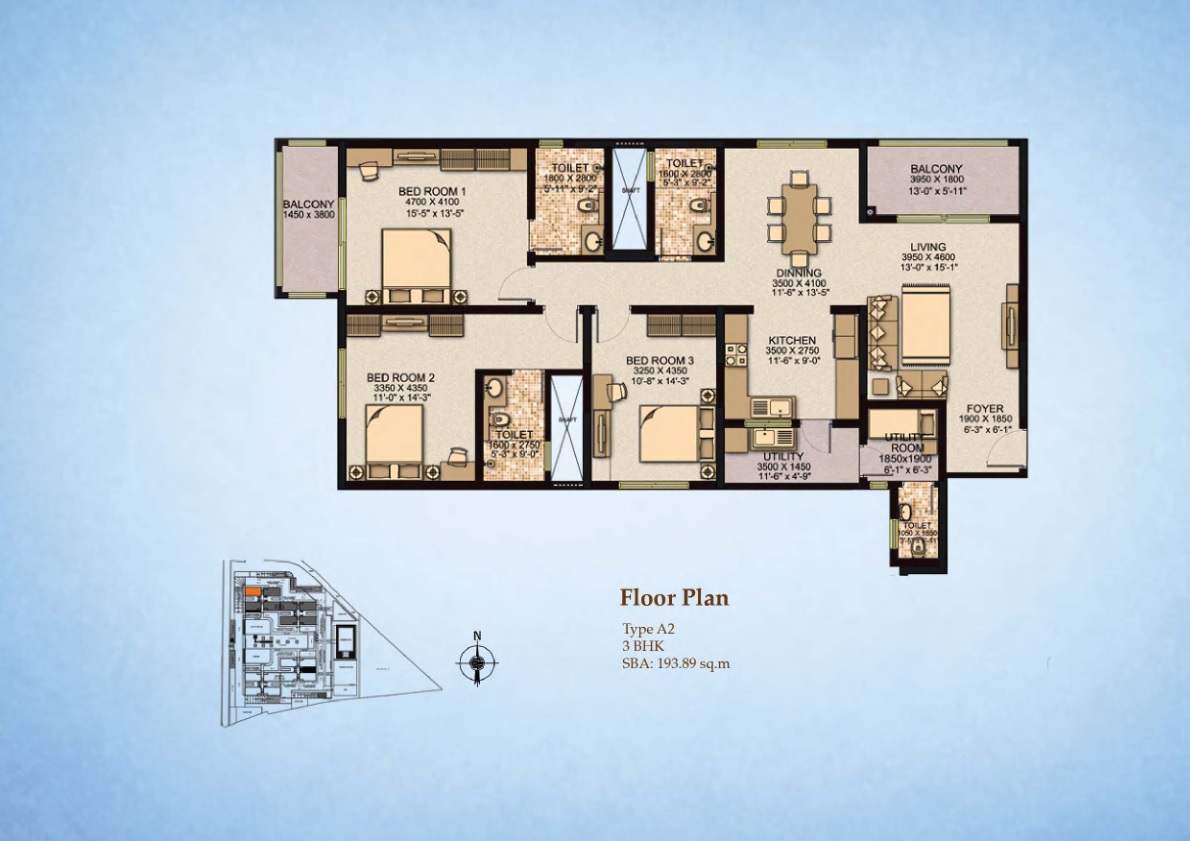 Floor plan of 3 BHK 2087 Sq. Ft. Apartment in Sobha City Casa Paradiso, Bangalore