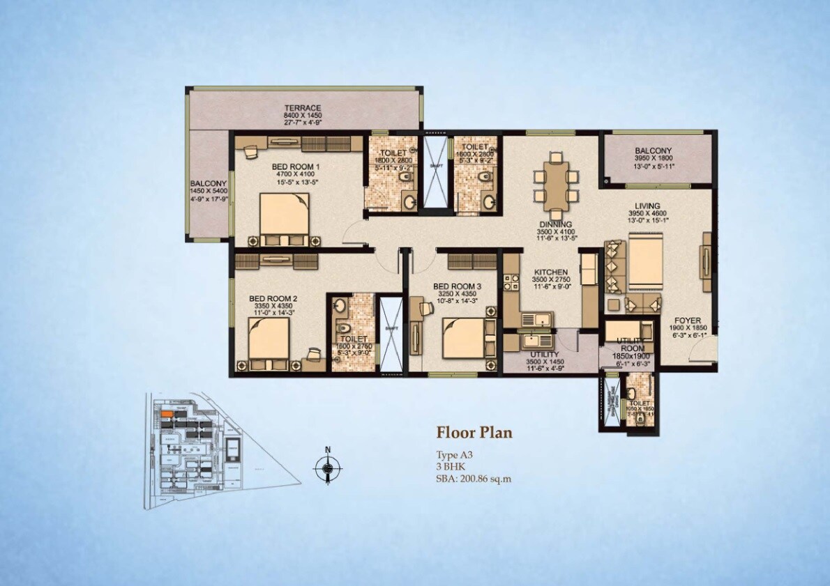 Floor plan of 3 BHK 2162 Sq. Ft. Apartment in Sobha City Casa Paradiso, Bangalore