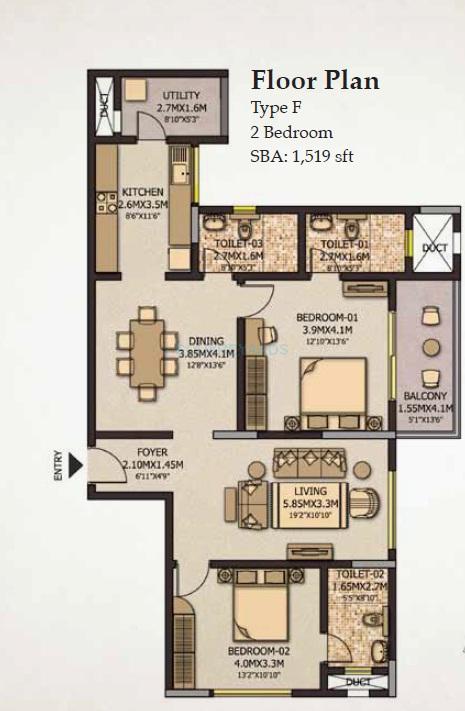 Floor plan of 2 BHK 1519 Sq. Ft. Apartment in Sobha City Casa Serenita, Bangalore