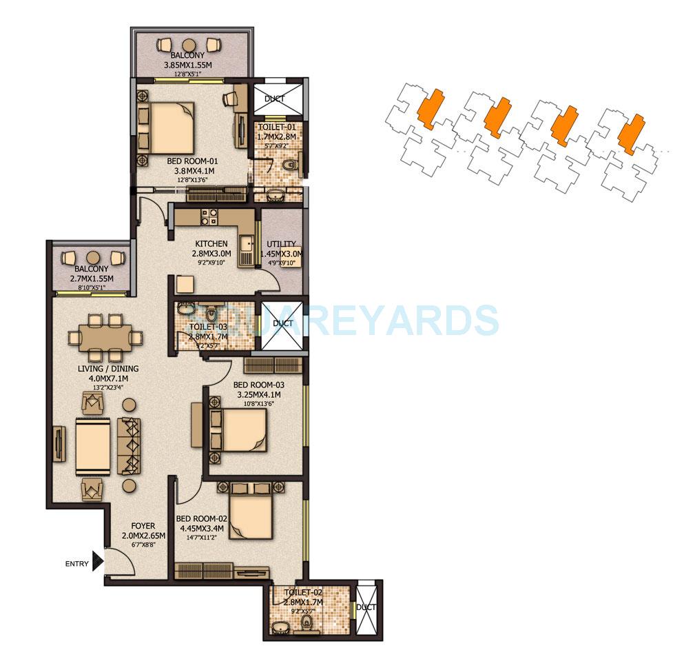 Floor plan of 3 BHK 1847 Sq. Ft. Apartment in Sobha City Casa Serenita, Bangalore