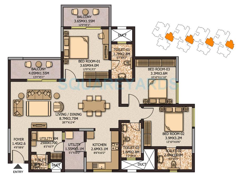 Floor plan of 3 BHK 1884 Sq. Ft. Apartment in Sobha City Casa Serenita, Bangalore