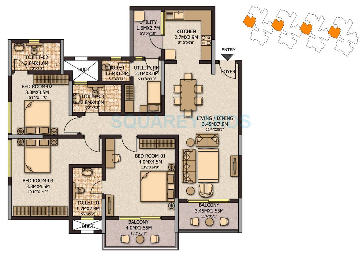 Floor plan of 3 BHK 1930 Sq. Ft. Apartment in Sobha City Casa Serenita, Bangalore