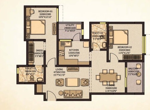 Floor plan of 2 BHK 1345 Sq. Ft. Apartment in Sobha City Mykonos, Bangalore