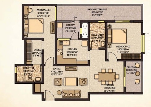 Floor plan of 2 BHK 1404 Sq. Ft. Apartment in Sobha City Mykonos, Bangalore