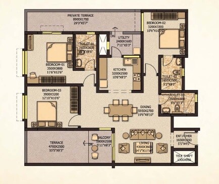 Floor plan of 3 BHK 1564 Sq. Ft. Apartment in Sobha City Mykonos, Bangalore