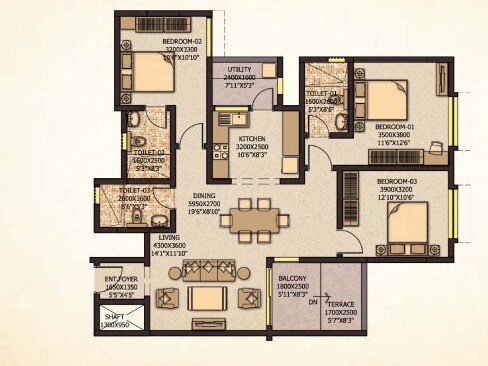 Floor plan of 3 BHK 1700 Sq. Ft. Apartment in Sobha City Mykonos, Bangalore