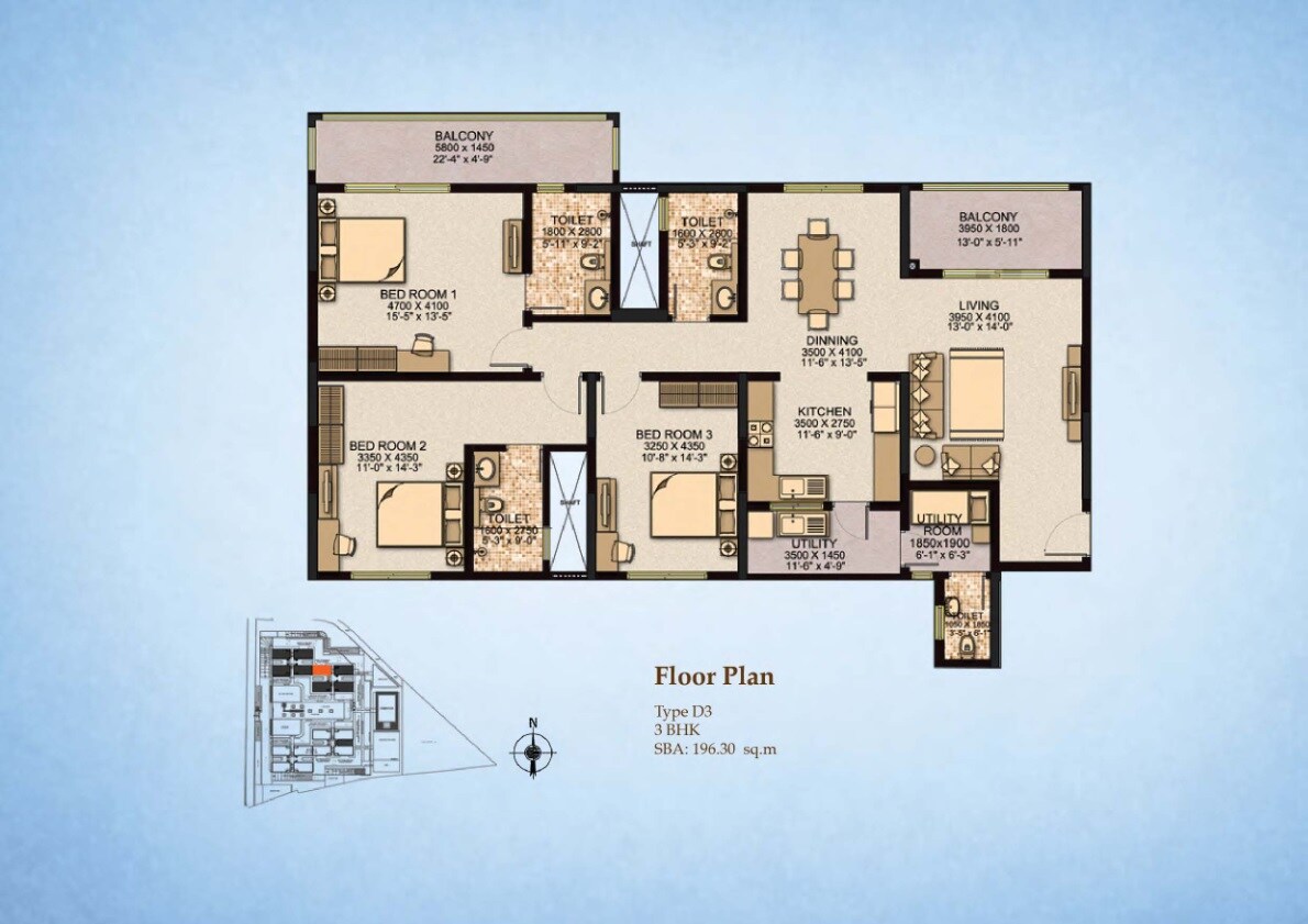 Floor plan of 3 BHK 2113 Sq. Ft. Apartment in Sobha City Paradiso, Bangalore