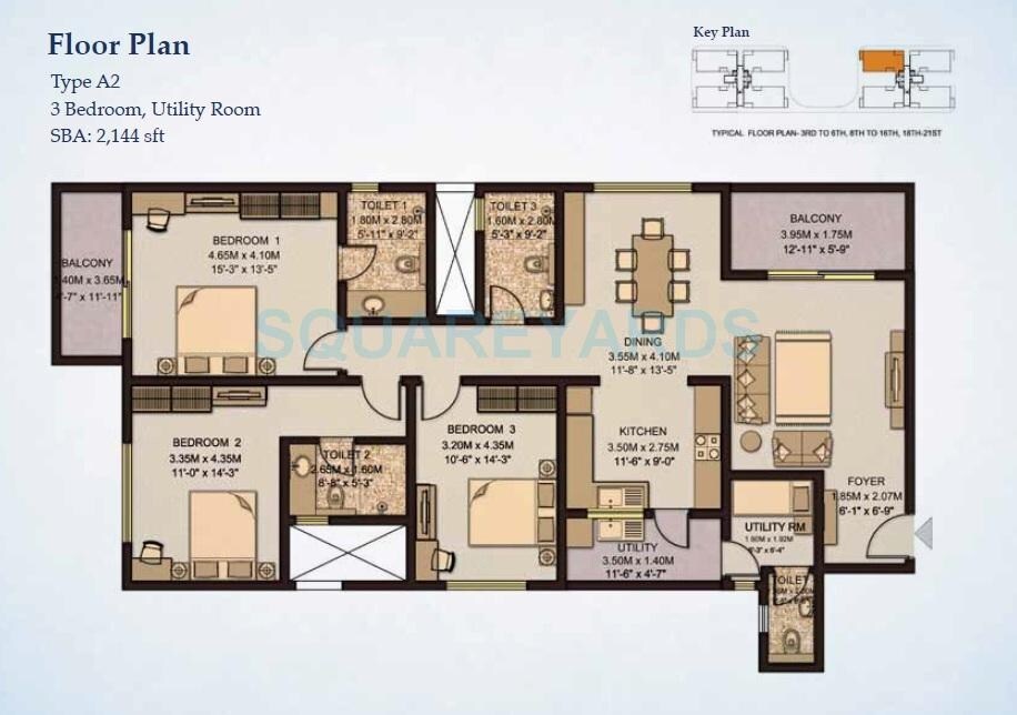 Floor plan of 3 BHK 2144 Sq. Ft. Apartment in Sobha City Paradiso, Bangalore