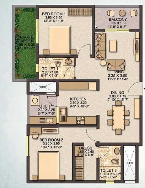 Floor plan of 2 BHK 1400 Sq. Ft. Apartment in Sobha City Santorini, Bangalore