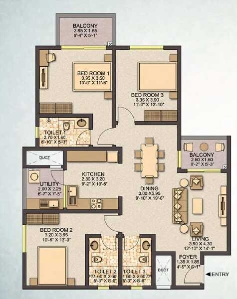 Floor plan of 3 BHK 1697 Sq. Ft. Apartment in Sobha City Santorini, Bangalore