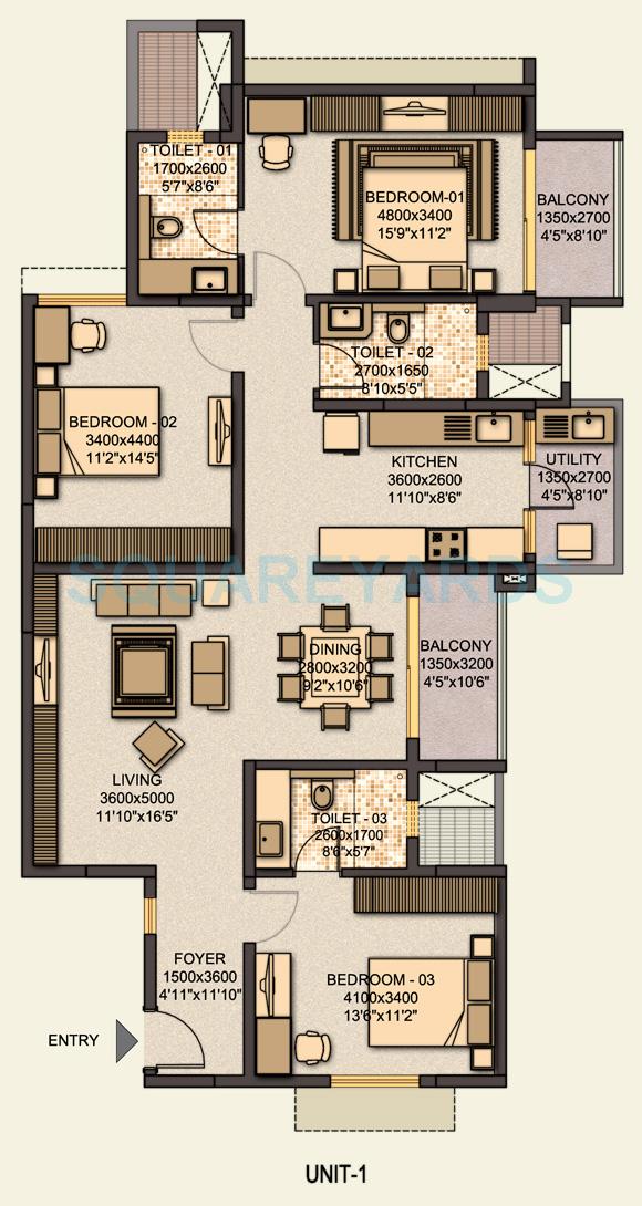 Floor plan of 3 BHK 1752 Sq. Ft. Apartment in Sobha Classic, Bangalore