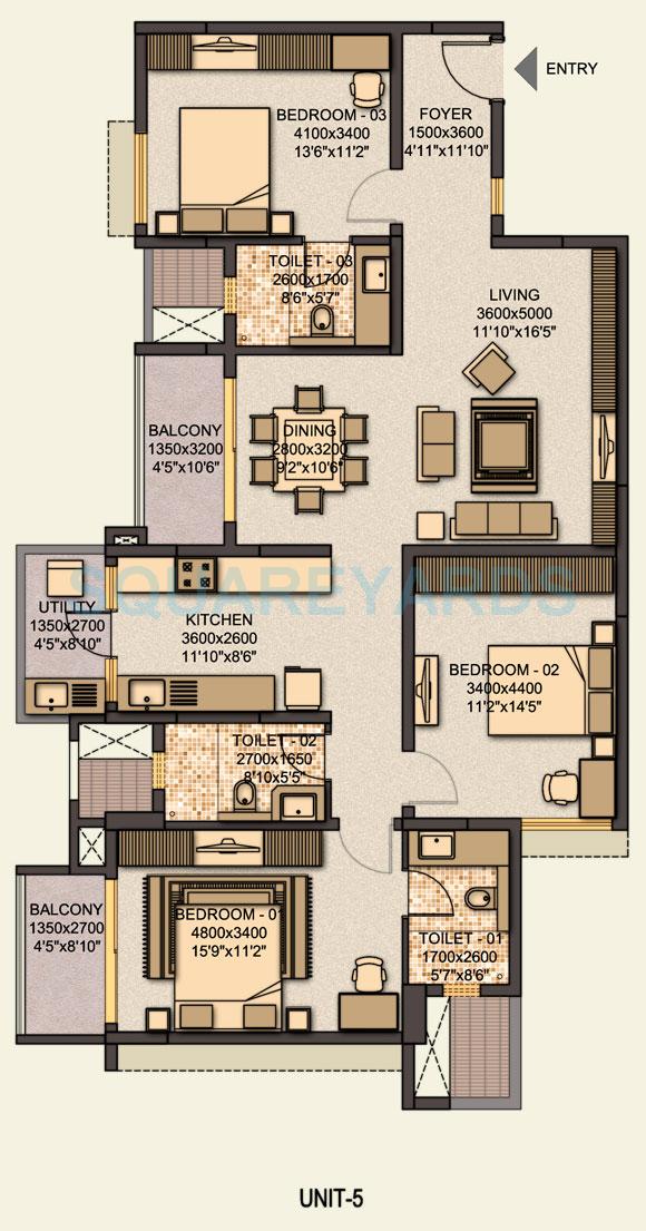 Floor plan of 3 BHK 2063 Sq. Ft. Apartment in Sobha Classic, Bangalore