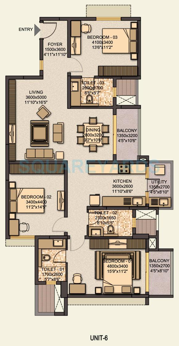 Floor plan of 3 BHK 2070 Sq. Ft. Apartment in Sobha Classic, Bangalore