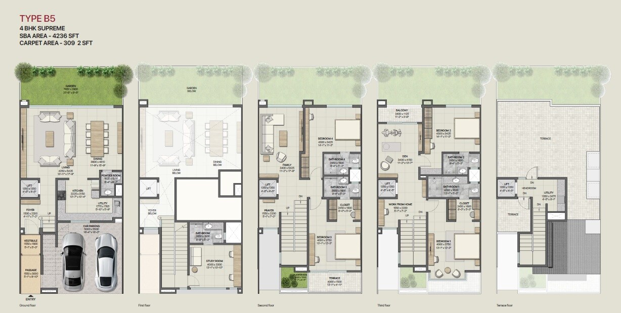 Floor plan of 4 BHK 4236 Sq. Ft. Row House in Sobha Crystal Meadows, Bangalore