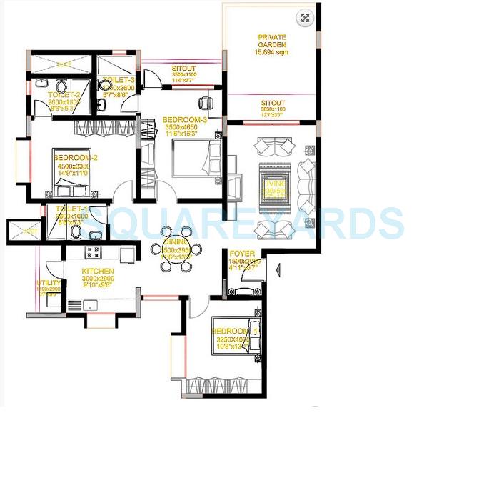 Floor plan of 3 BHK 1748 Sq. Ft. Apartment in Sobha Daffodil, Bangalore