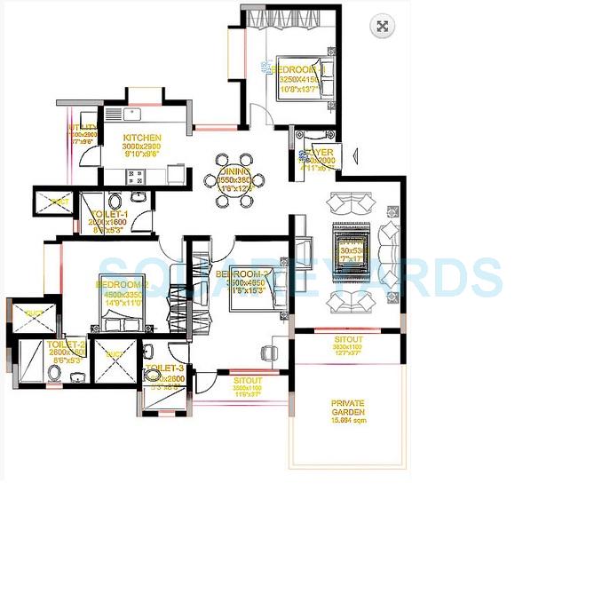 Floor plan of 3 BHK 1804 Sq. Ft. Apartment in Sobha Daffodil, Bangalore