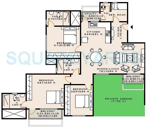 Floor plan of 3 BHK 1762 Sq. Ft. Apartment in Sobha Dahlia, Bangalore