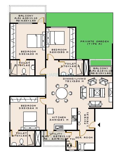Floor plan of 3 BHK 1774 Sq. Ft. Apartment in Sobha Dahlia, Bangalore