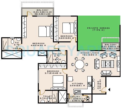 Floor plan of 3 BHK 1784 Sq. Ft. Apartment in Sobha Dahlia, Bangalore