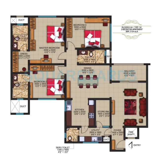 Floor plan of 3 BHK 2154 Sq. Ft. Apartment in Sobha Dew Flower, Bangalore