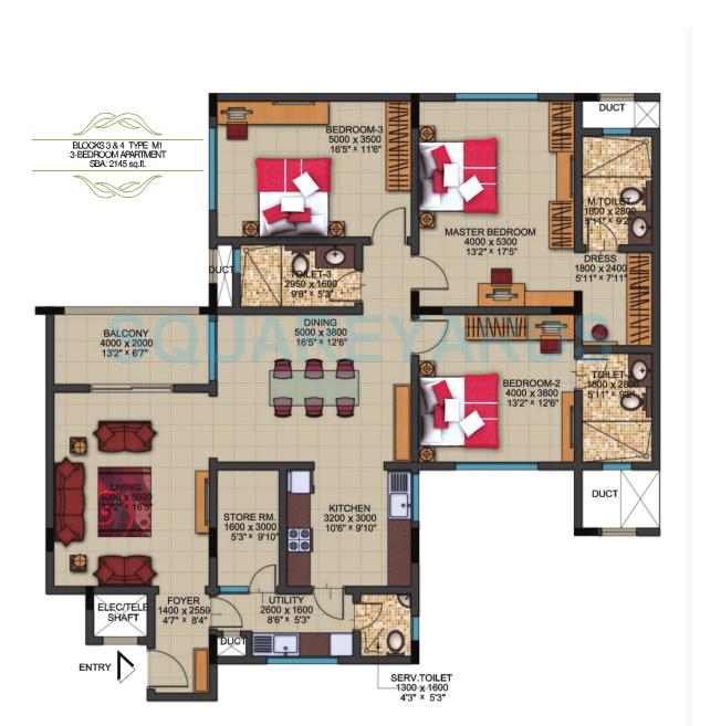 Floor plan of 3 BHK 2145 Sq. Ft. Apartment in Sobha Dew Flower, Bangalore