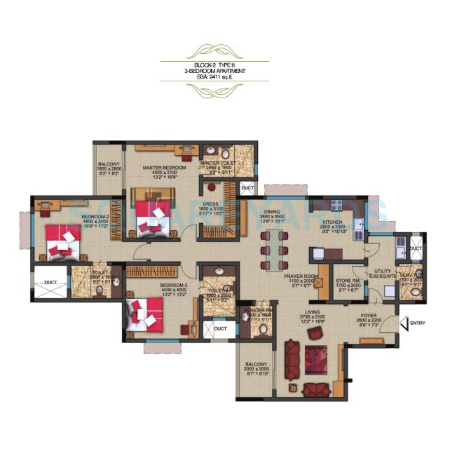 Floor plan of 3 BHK 2411 Sq. Ft. Apartment in Sobha Dew Flower, Bangalore