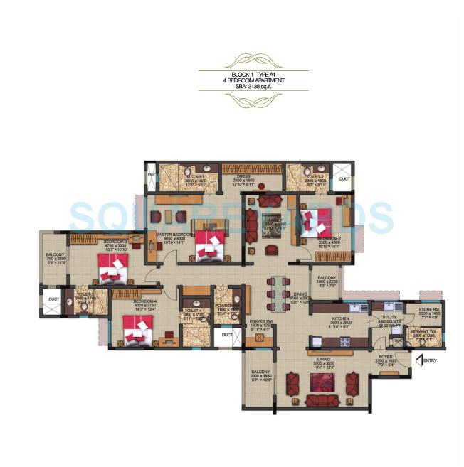 Floor plan of 4 BHK 3138 Sq. Ft. Apartment in Sobha Dew Flower, Bangalore