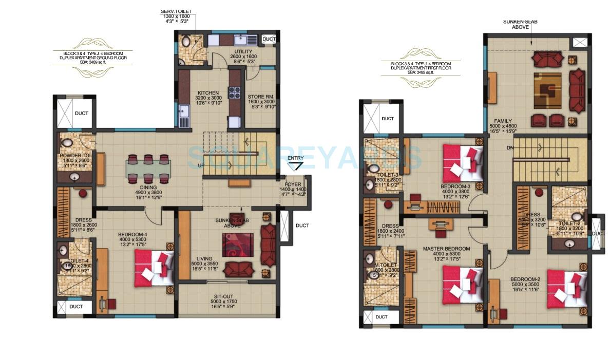 Floor plan of 4 BHK 3489 Sq. Ft. Apartment in Sobha Dew Flower, Bangalore