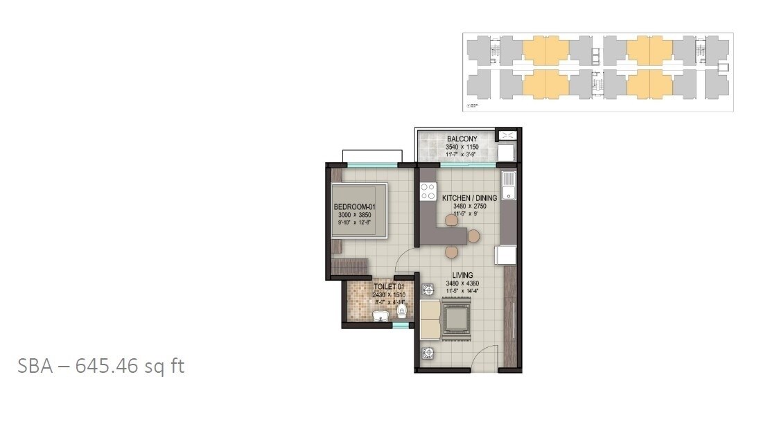 Floor plan of 1 BHK 645 Sq. Ft. Apartment in Sobha Dream Acres Tropical Greens, Bangalore
