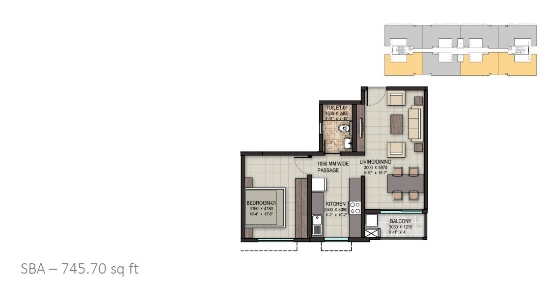 Floor plan of 1 BHK 746 Sq. Ft. Apartment in Sobha Dream Acres Tropical Greens, Bangalore