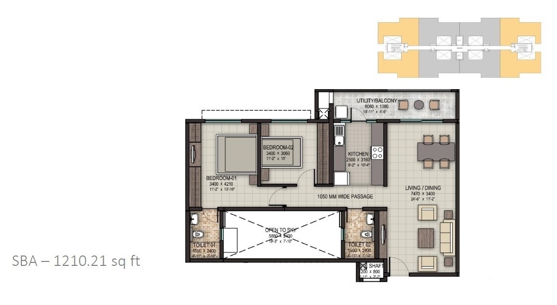 Floor plan of 2 BHK 1210 Sq. Ft. Apartment in Sobha Dream Acres Tropical Greens, Bangalore