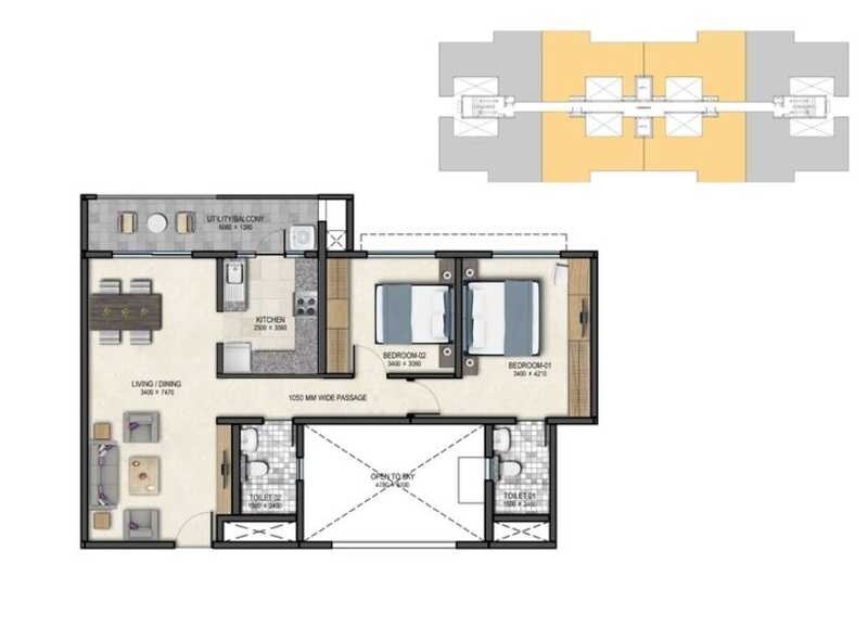 Floor plan of 2 BHK 1012 Sq. Ft. Apartment in Sobha Dreams 1, Bangalore