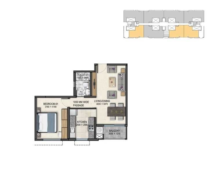 Floor plan of 1 BHK 445 Sq. Ft. Apartment in Sobha Dreams 1, Bangalore