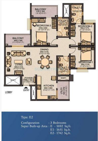 Floor plan of 3 BHK 1742 Sq. Ft. Apartment in Sobha Elite, Bangalore