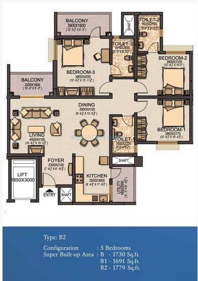 Floor plan of 3 BHK 1779 Sq. Ft. Apartment in Sobha Elite, Bangalore