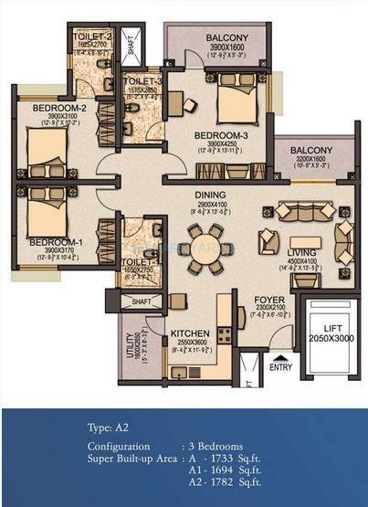 Floor plan of 3 BHK 1782 Sq. Ft. Apartment in Sobha Elite, Bangalore