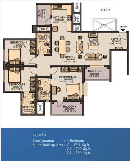Floor plan of 3 BHK 1789 Sq. Ft. Apartment in Sobha Elite, Bangalore