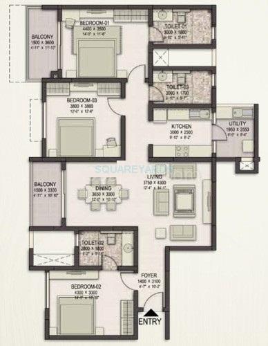 Floor plan of 3 BHK 1879 Sq. Ft. Apartment in Sobha Eternia, Bangalore