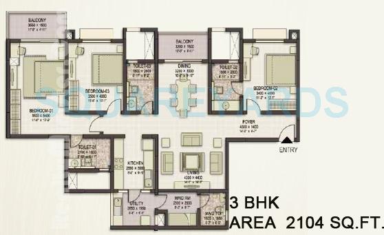 Floor plan of 3 BHK 2104 Sq. Ft. Apartment in Sobha Eternia, Bangalore