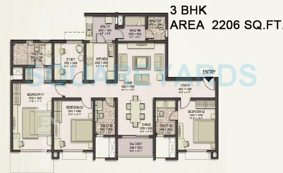 Floor plan of 3 BHK 2206 Sq. Ft. Apartment in Sobha Eternia, Bangalore