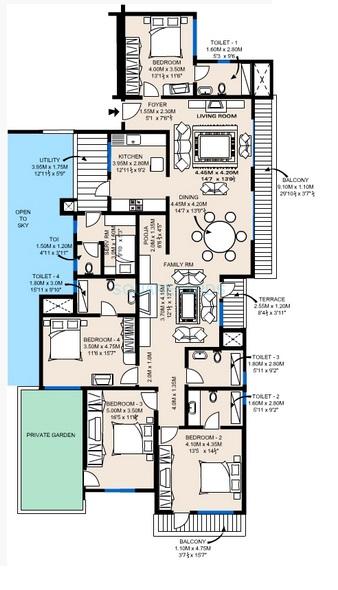 Floor plan of 4 BHK 2854 Sq. Ft. Apartment in Sobha Fiorella, Bangalore