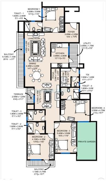 Floor plan of 4 BHK 2956 Sq. Ft. Apartment in Sobha Fiorella, Bangalore