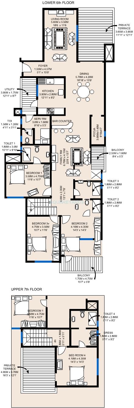 Floor plan of 4 BHK 3520 Sq. Ft. Apartment in Sobha Fiorella, Bangalore