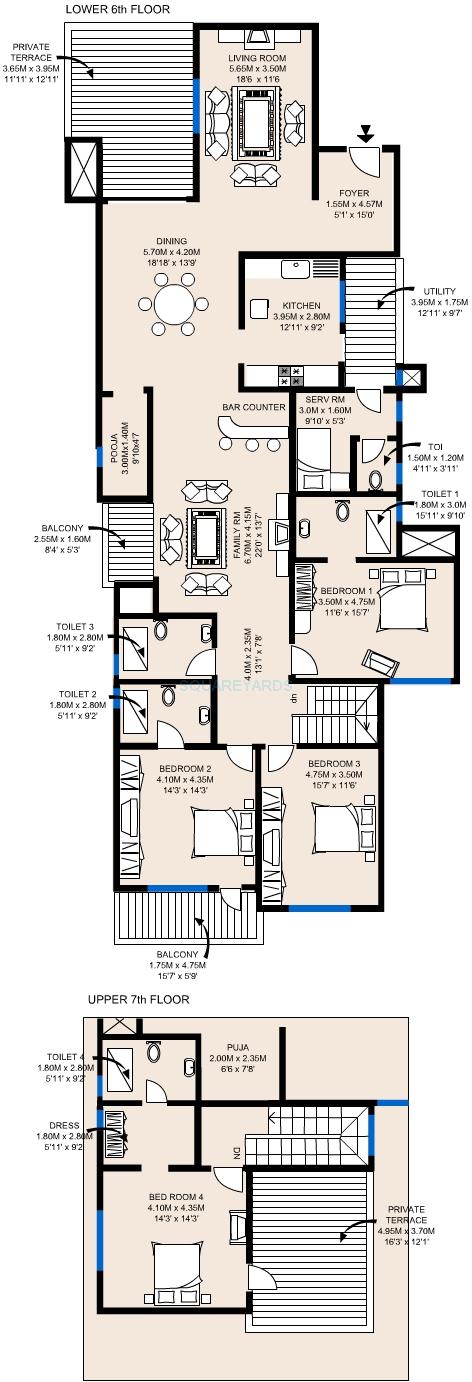 Floor plan of 4 BHK 3571 Sq. Ft. Apartment in Sobha Fiorella, Bangalore