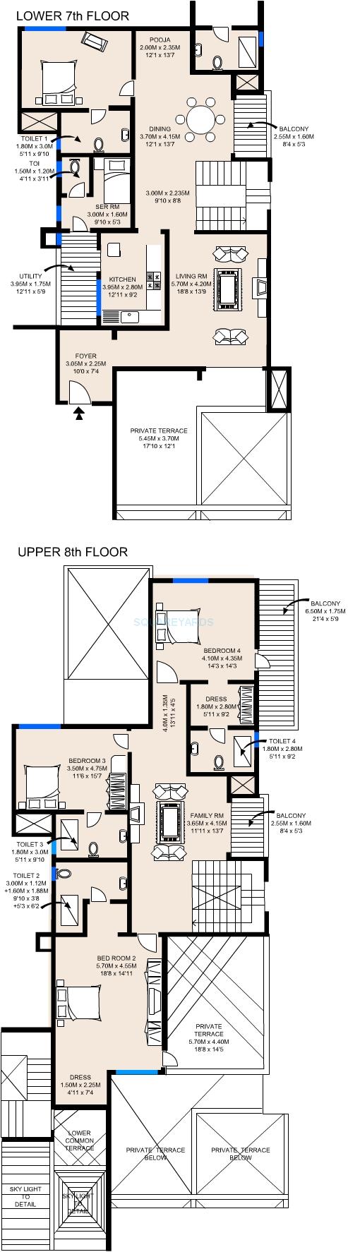 Floor plan of 4 BHK 3885 Sq. Ft. Apartment in Sobha Fiorella, Bangalore