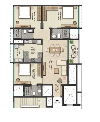 Floor plan of 3 BHK 2272 Sq. Ft. Apartment in Sobha Forest Edge, Bangalore