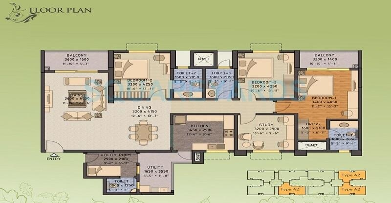 Floor plan of 3 BHK 3241 Sq. Ft. Apartment in Sobha Forest View, Bangalore
