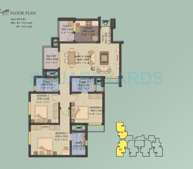 Floor plan of 3 BHK 1512 Sq. Ft. Apartment in Sobha Forest View, Bangalore